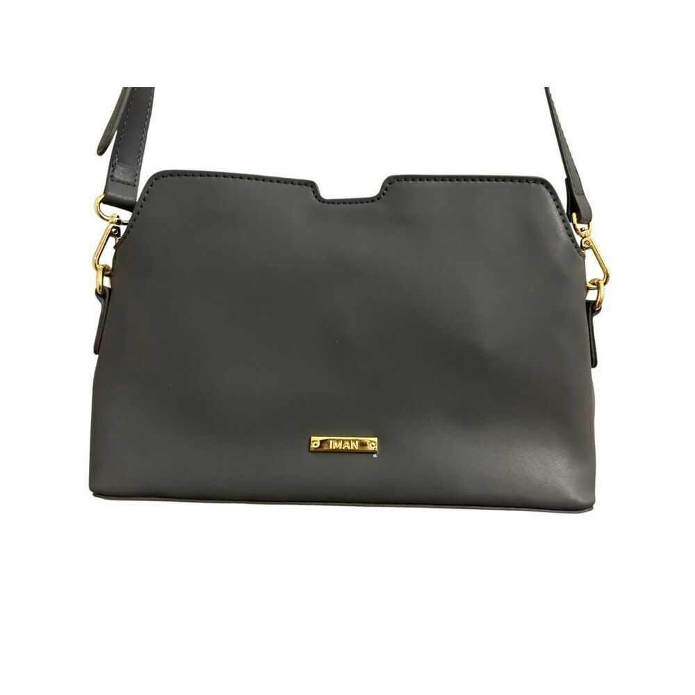 IMAN gray genuine leather crossbody bag minimalist